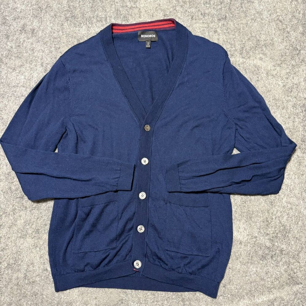 Bonobos Sweater Mens Medium M Blue 100% Extra Fine Merino Wool Red Trim V-Neck